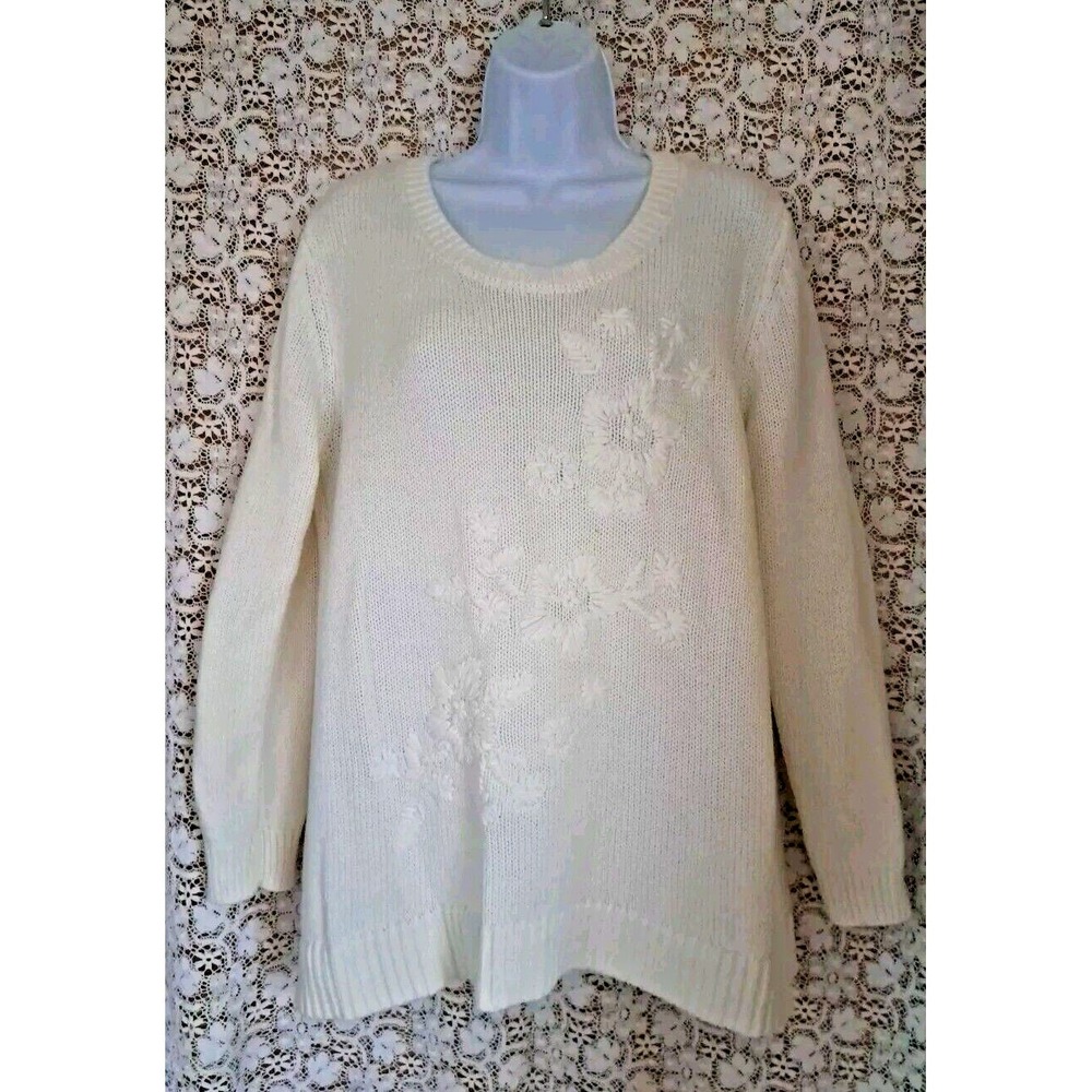 Style&Co Sweater Sz. L Floral Embroidered Design Warm Ivory Tight‎ Knit Pullover